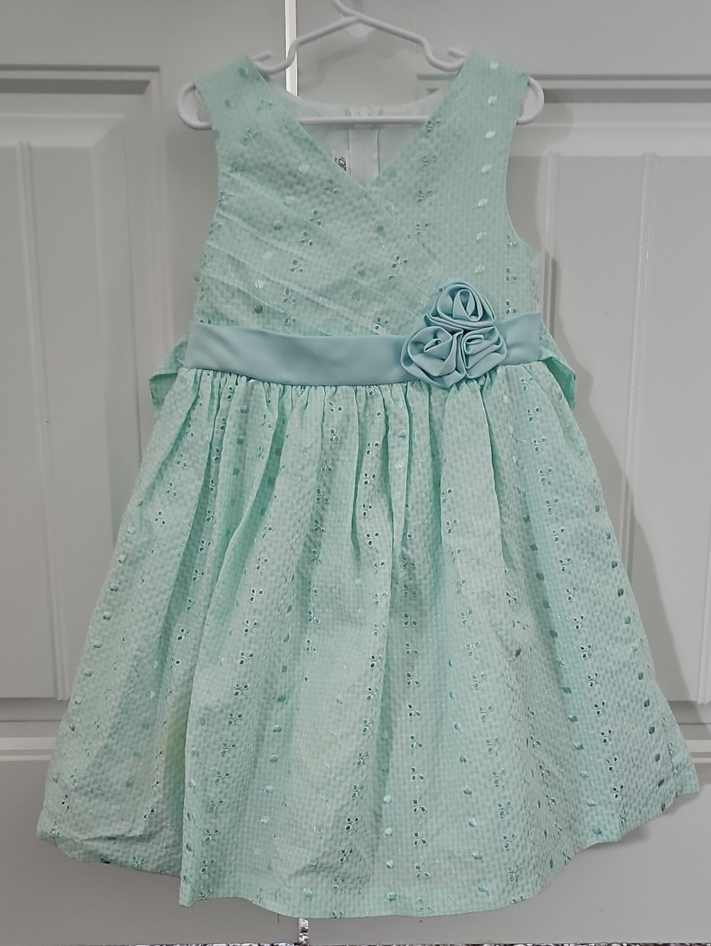 Bonnie Jean Light Mint Eyelet Party Dress with Satin Rose Detail